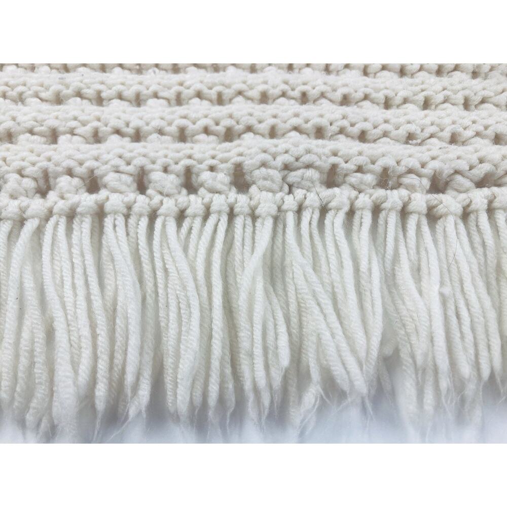 Handmade Afghan Throw Blanket Fringe Cream Ivory Cottage Crochet Knitted Ecru Wh - Picture 5 of 8